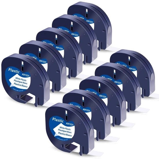 Nastro adesivo 12mm x 4m - Pacchetto da 10 - Nero su Bianco - Plastica - Per LT-100H LT-100T LT-110T XR - Etichette