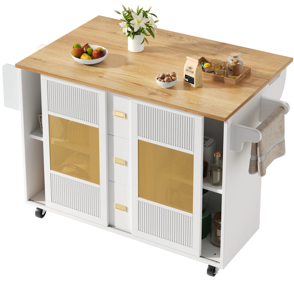 Isola da cucina mobile con piano ribaltabile, 146,85x70x90 cm, bianca, MDF e metallo