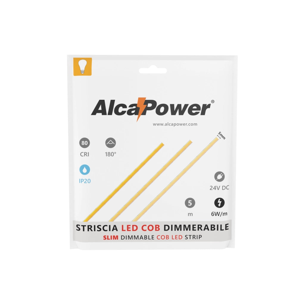 Alcapower Striscia LED COB SLIM IP20 5m 3000K 24V 6W/m 560lm/m 504 LED/m Alta Efficienza Luce Calda Continua per Illuminazione Interna Professionale