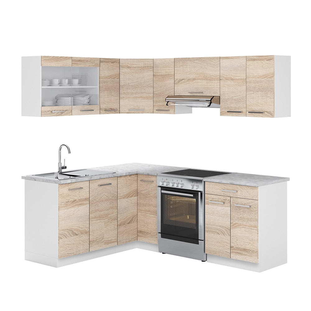 Cucina ad angolo Rick Sonoma/Bianco 207 x 60 cm, PL Marmo con striscia LED Vicco