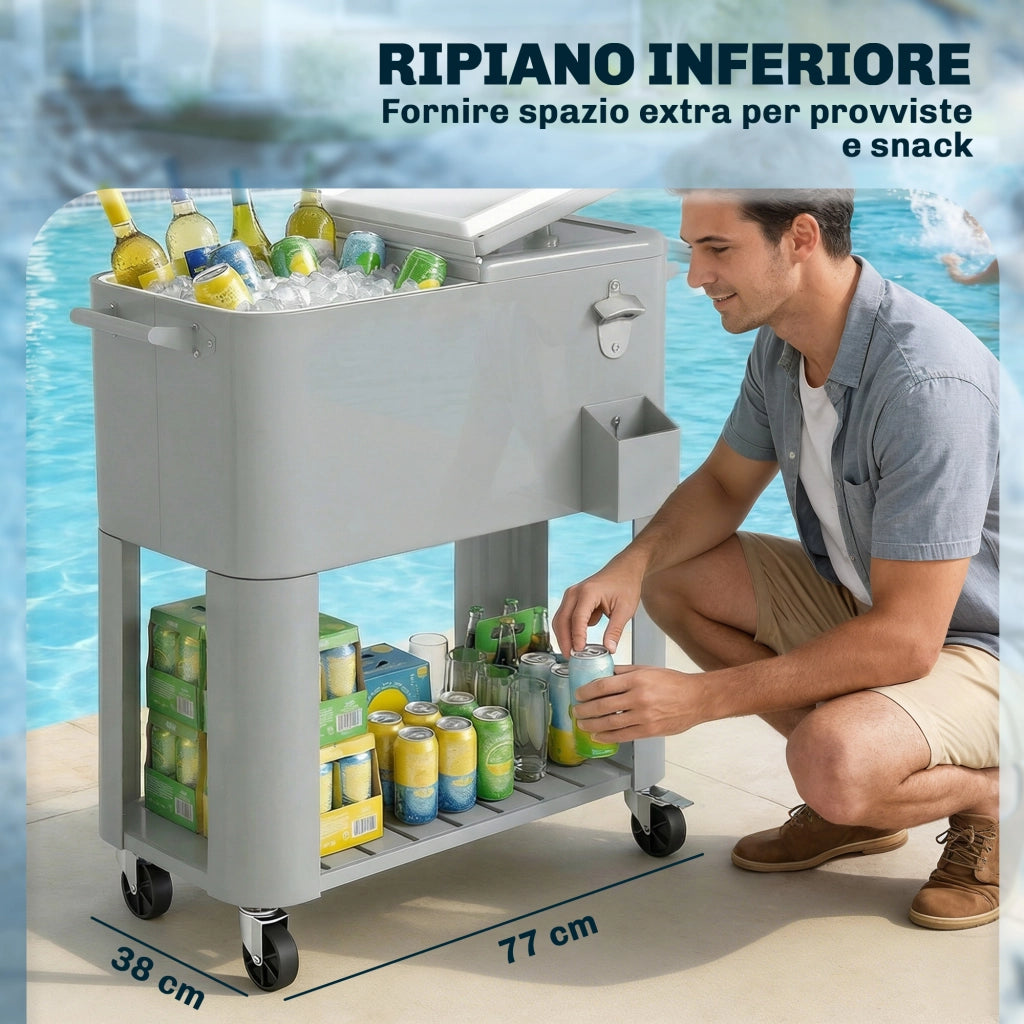 Frigo Portatile 92x39x81 cm Capacità 76 L con Ruote e Apribottiglie in Plastica e Metallo Argento