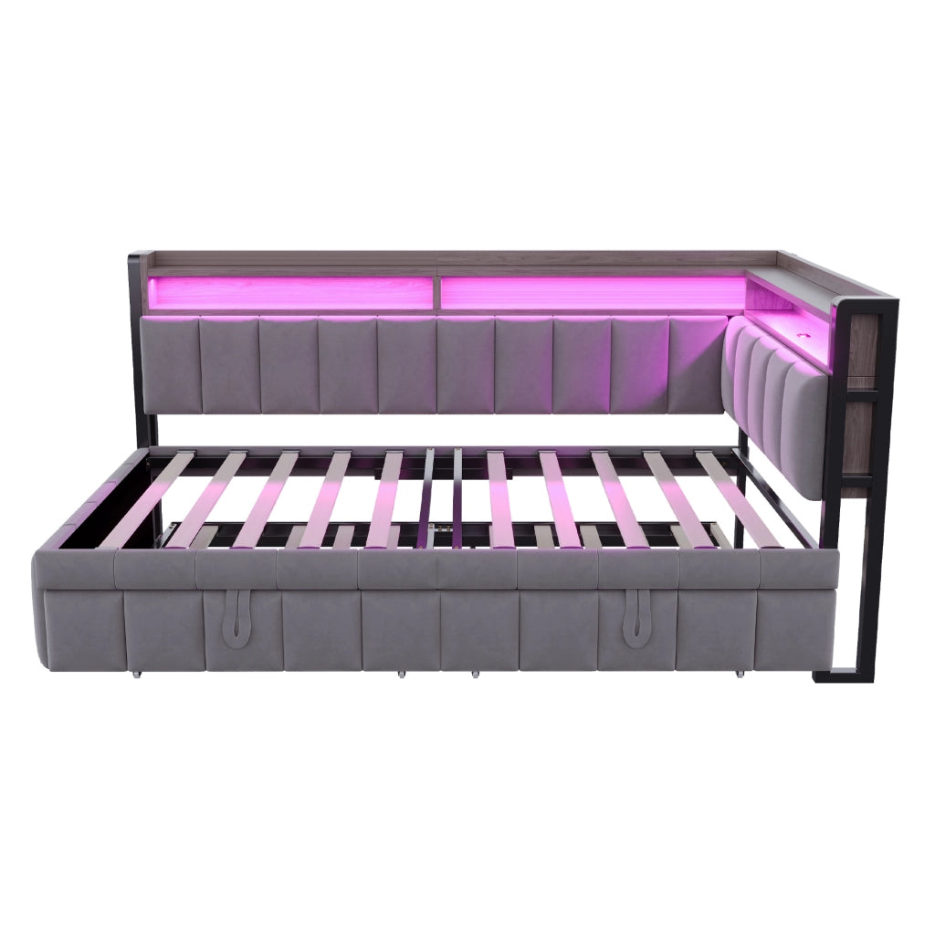 Letto estraibile 90x200 cm con secondo letto; LED regolabile; USB-C e vani; velluto grigio