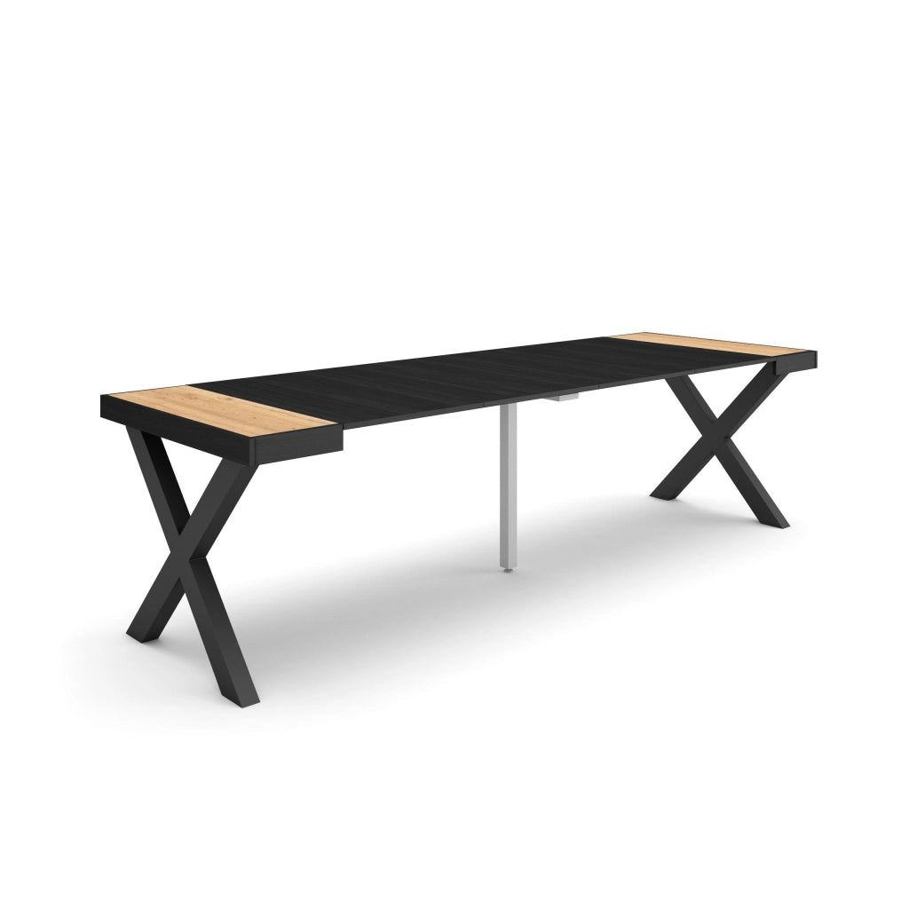 Consolle allungabile, 58 fino 262x90x73cm, Per 12 persone, Gambe in legno, colore Rovere e nero RF2809