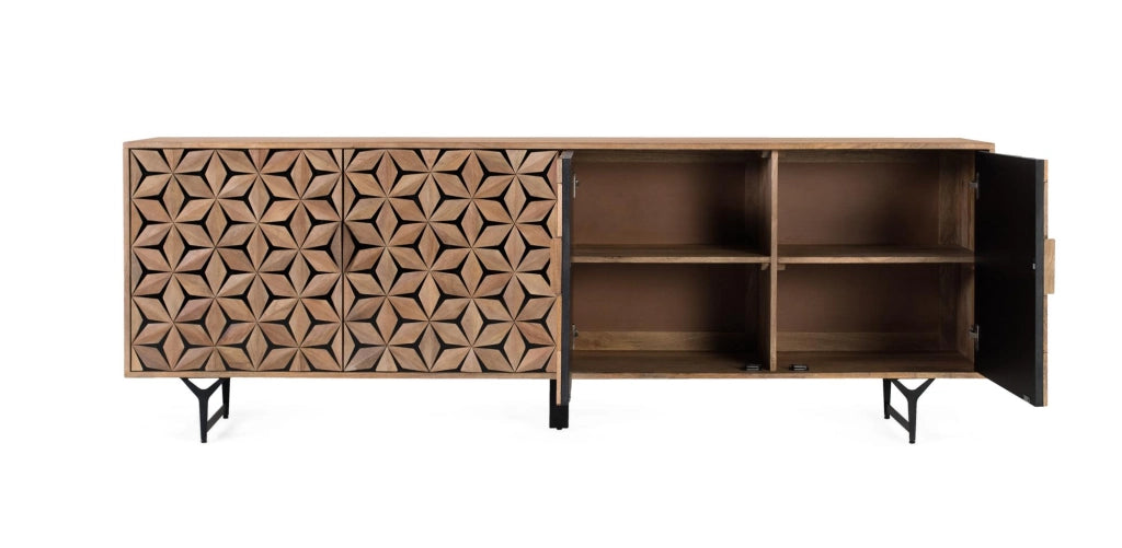 Credenza artigianale in legno di mango con 4 ante 220 cm