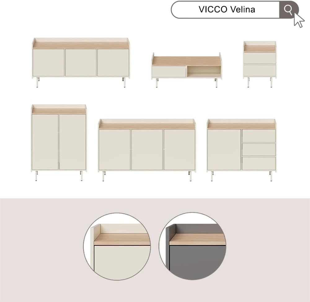 Credenza Velina, Grigio/quercia, 140 x 82 cm con 6 scomparti
