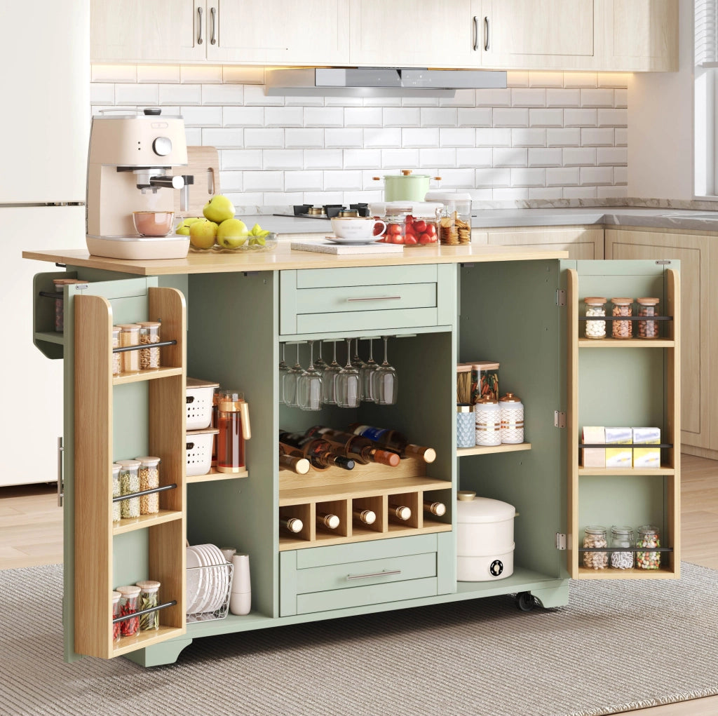 Carrello da cucina con piano pieghevole, verde antico