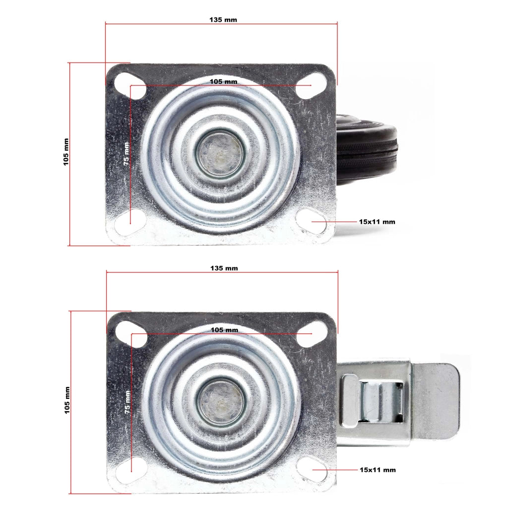 Set 4 ruote piroettanti, freno doppio blocco, Rotella 200mm max 150kg, metallo e gomma piena
