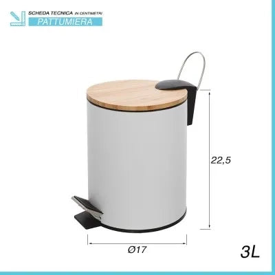 Pattumiera bagno con pedale in acciaio bianco opaco e bambù 3 Lt Haiti