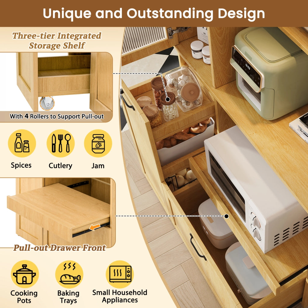 Highboard con Ripiani Regolabili, Cassetti e Vetro ¨C Xylo ¨C Naturale