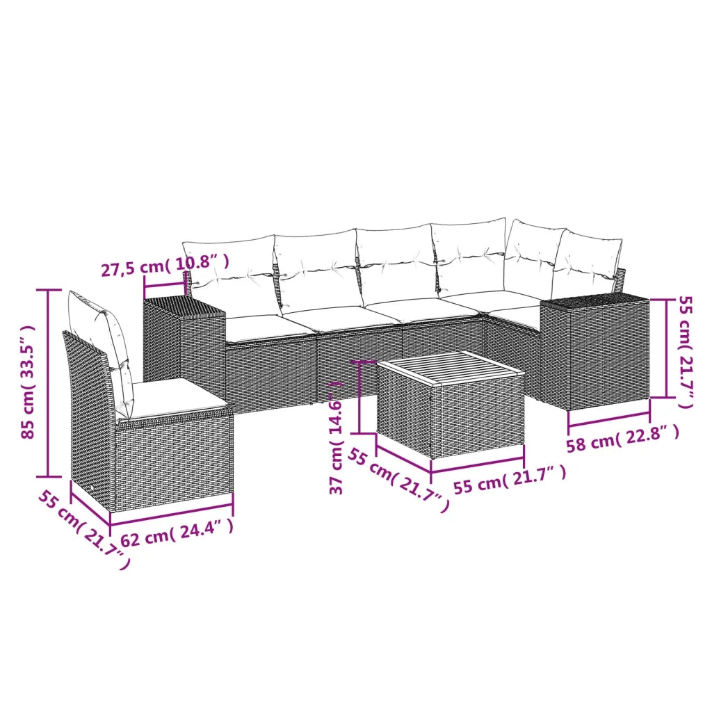 Set Divani da Giardino 7 pz con Cuscini Beige in Polyrattan