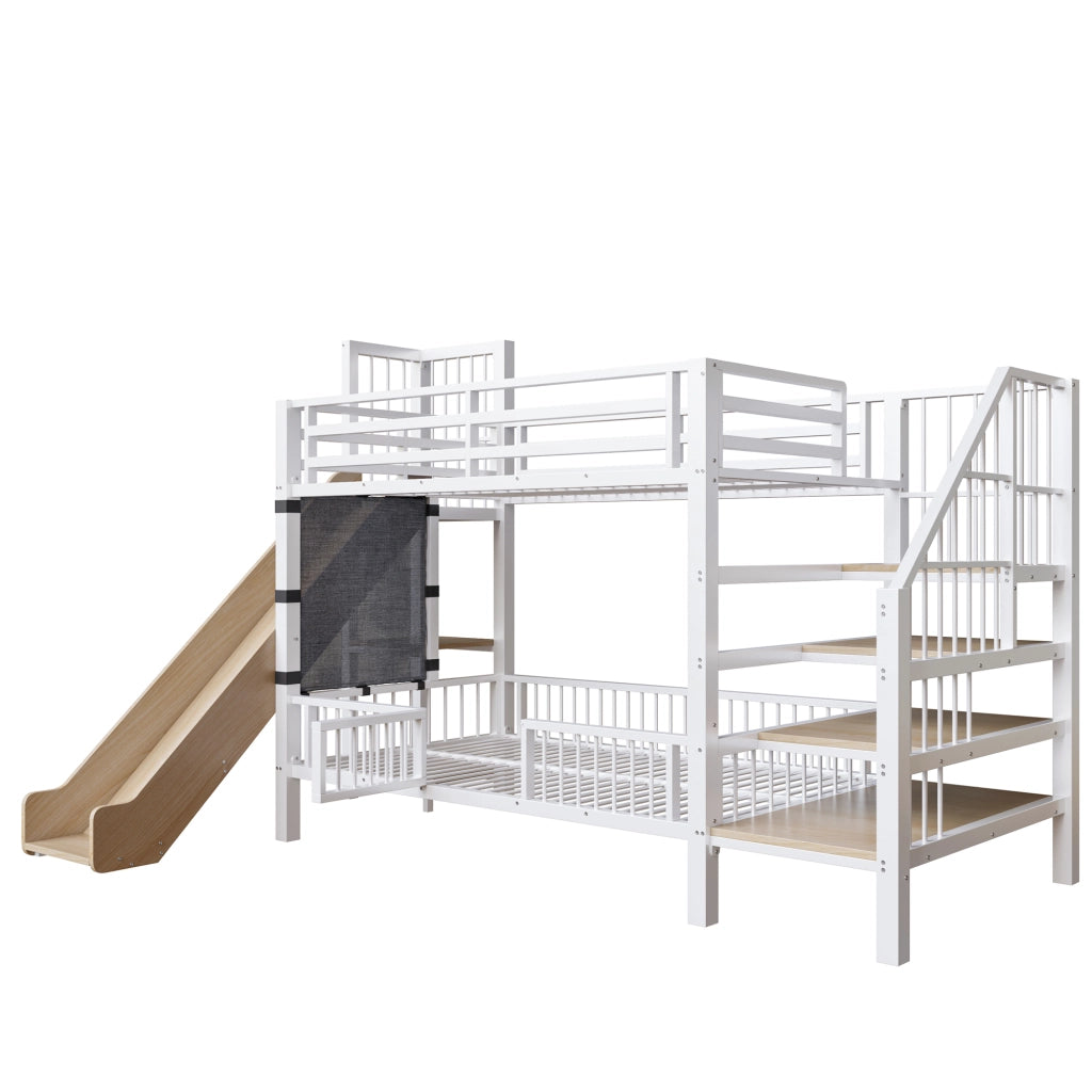 Letto a soppalco 90 × 200 cm con scivolo; scala contenitore; ripiani e barriera in metallo bianco