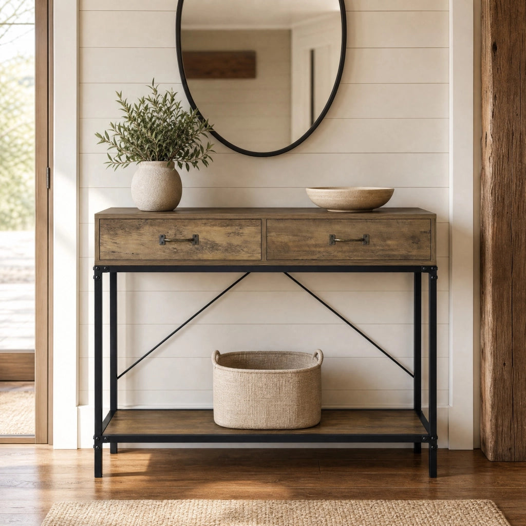 Tavolo consolle industriale con 2 cassetti e ripiano 100x35x76;5 cm marrone nero