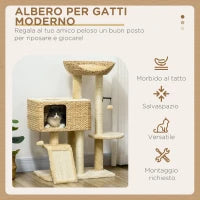 Albero Tiragraffi per Gatti con Casetta, Trespolo e Pallina, in Legno e Poliestere, 60x40x95 cm, Marrone e Beige