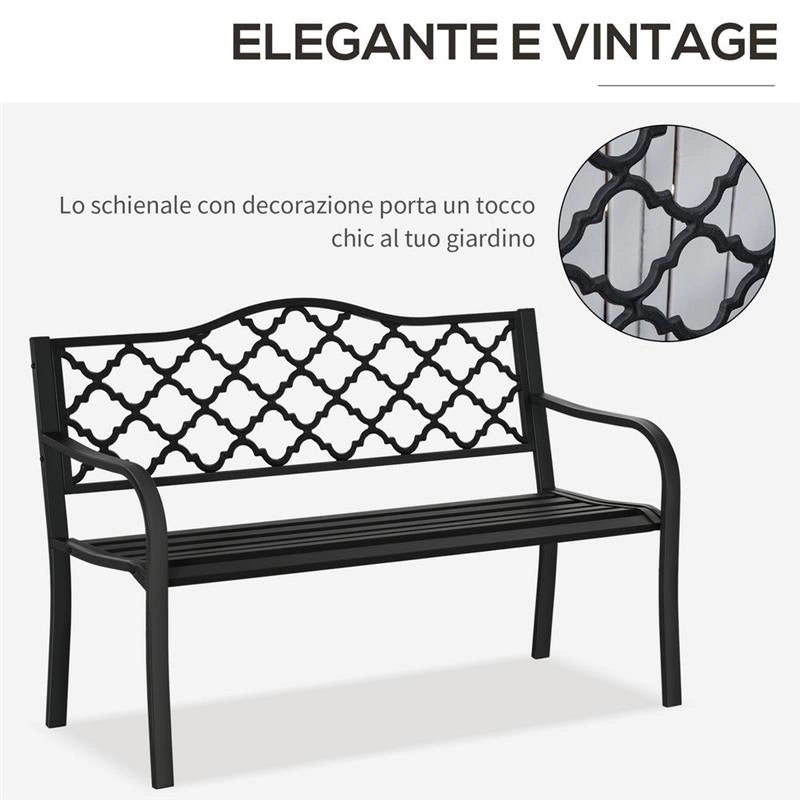 PANCHINA DA ESTERNO 2 POSTI IN ACCIAIO E GHISA CON BRACCIOLI E SCHIENALE DECORATO 128X58.5X89CM NERO