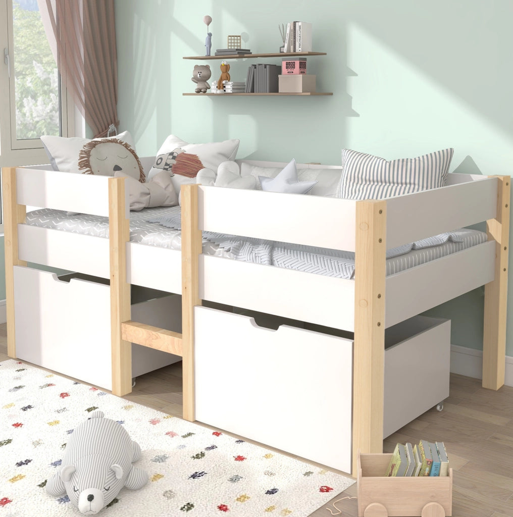 Letto per bambini 90x190 cm semi alto con cassetti e barriera; legno bianco (Senza materasso)
