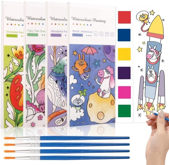 Libro di colore aquarello - Pennello a acqua - Kit di pittura a tempera - Carta da disegno - Disegni aquarelli - Adatto a bambini a partire dai 3 anni - Libro da colorare
