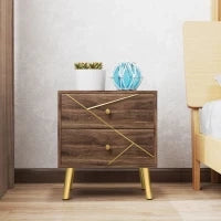 Comodino con 2 Cassetti, Maniglie Dorate, Piedi in Acciaio, 45 x 35 x 50 cm, Marrone
