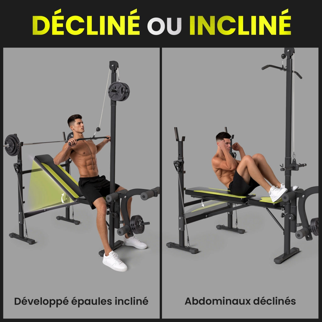 Panca Fitness Multifunzione ¨C Xylo ¨C Schienale Regolabile con Corde Trazione Curl Supporti Bilanciere Nero Giallo