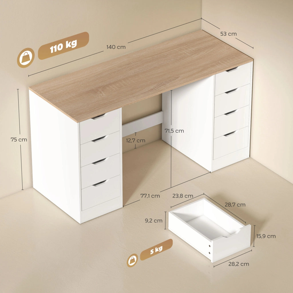 Scrivania 140 cm con 8 cassetti ¨C Xylo ¨C legno e metallo bianco per ufficio e camera