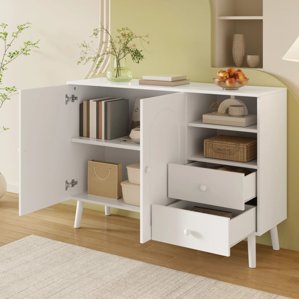 Credenza con 2 ante, 2 cassetti e 2 vani aperti, per soggiorno sala da pranzo e ingresso, bianco, 118 × 35 × 82 cm