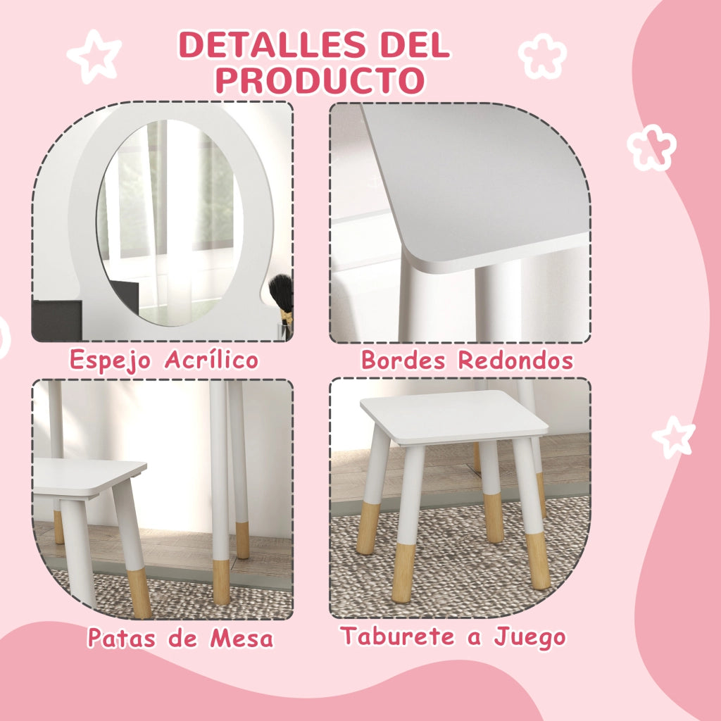 Tocador per bambini con specchio e sgabello ¨C zephmum ¨C Bianco