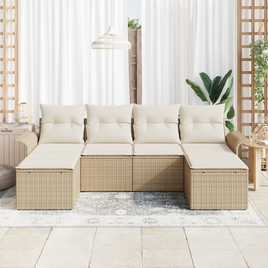Set Divano da Giardino  6 Pezzi con Cuscini Beige Polyrattan