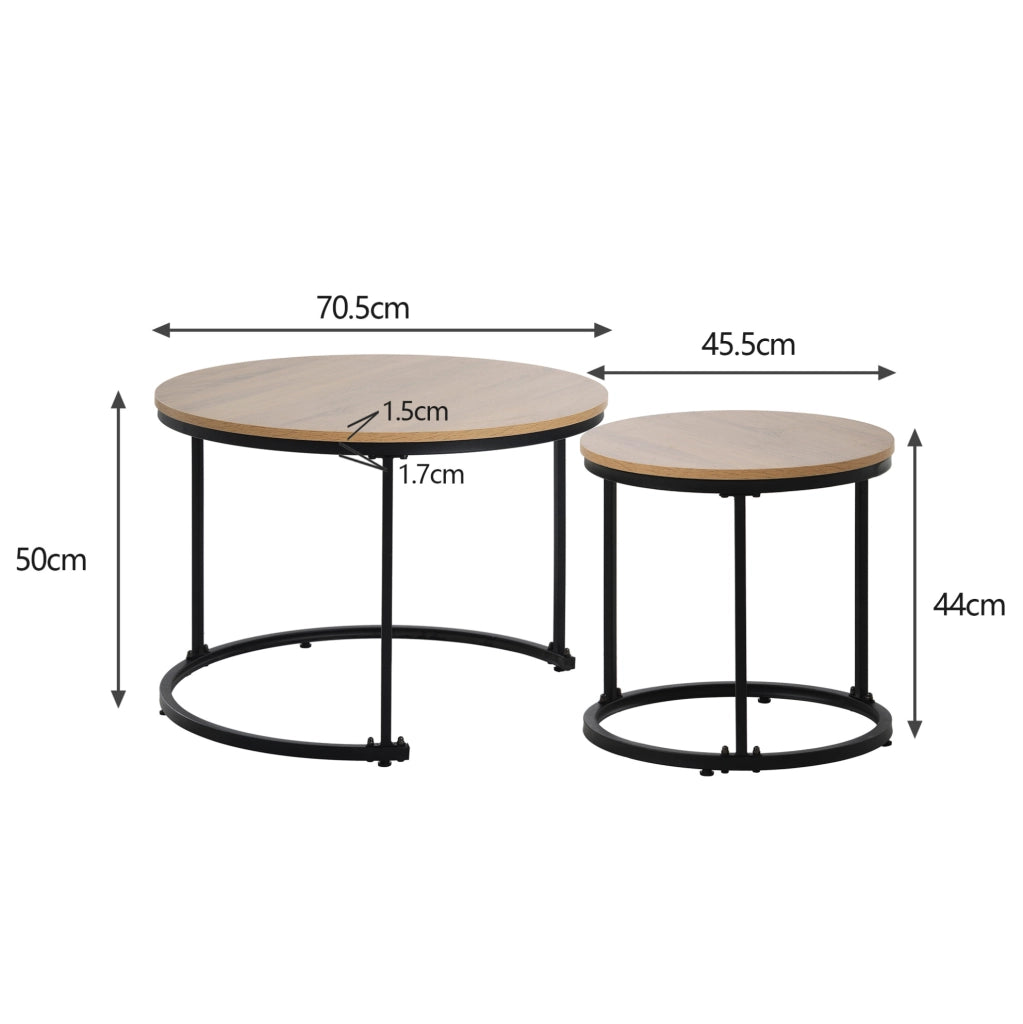Set 2 tavolini da salotto rotondi impilabili in MDF effetto rovere con struttura in metallo