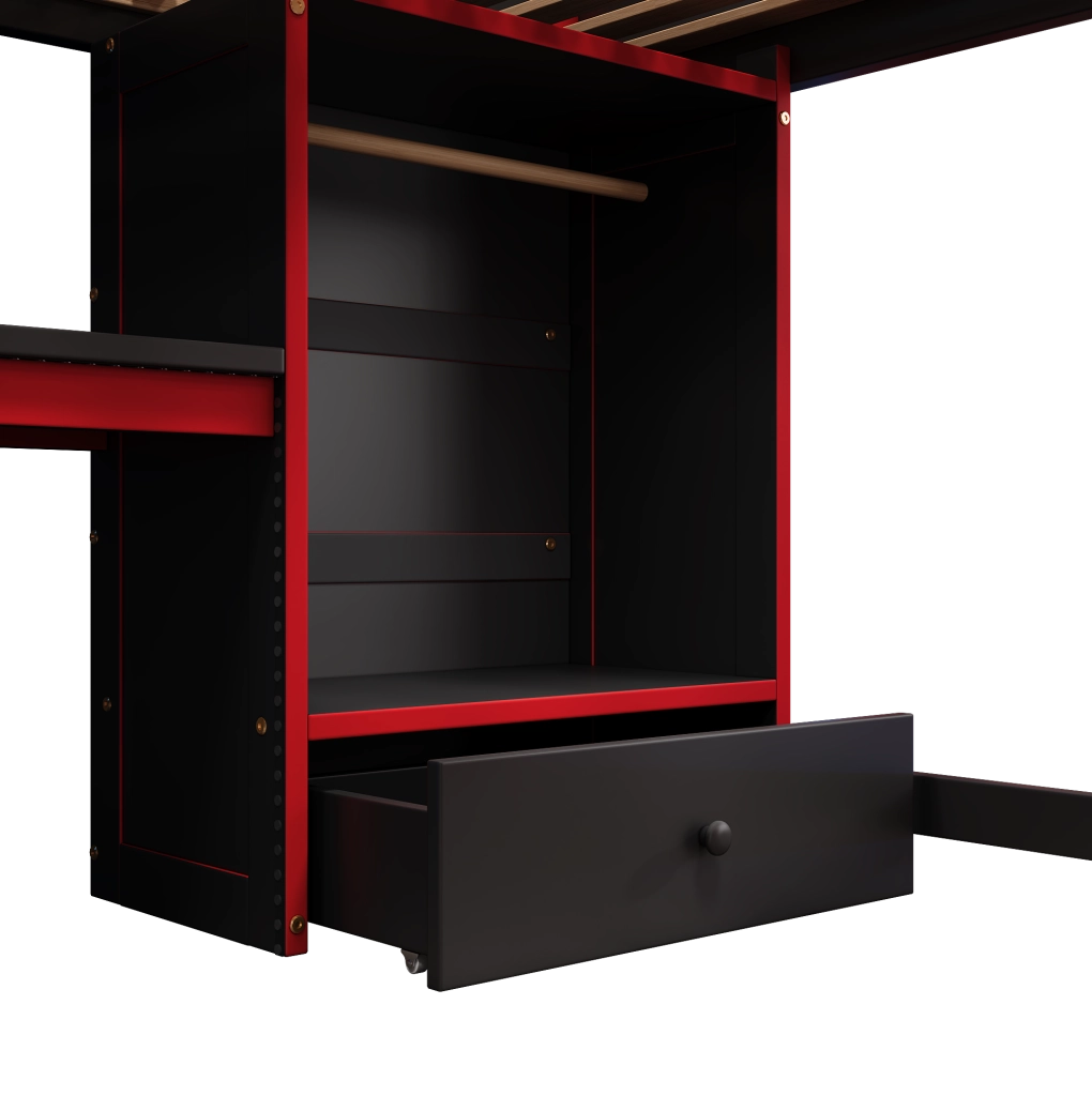 Letto a soppalco gaming 140x200 cm con scrivania nero/rosso