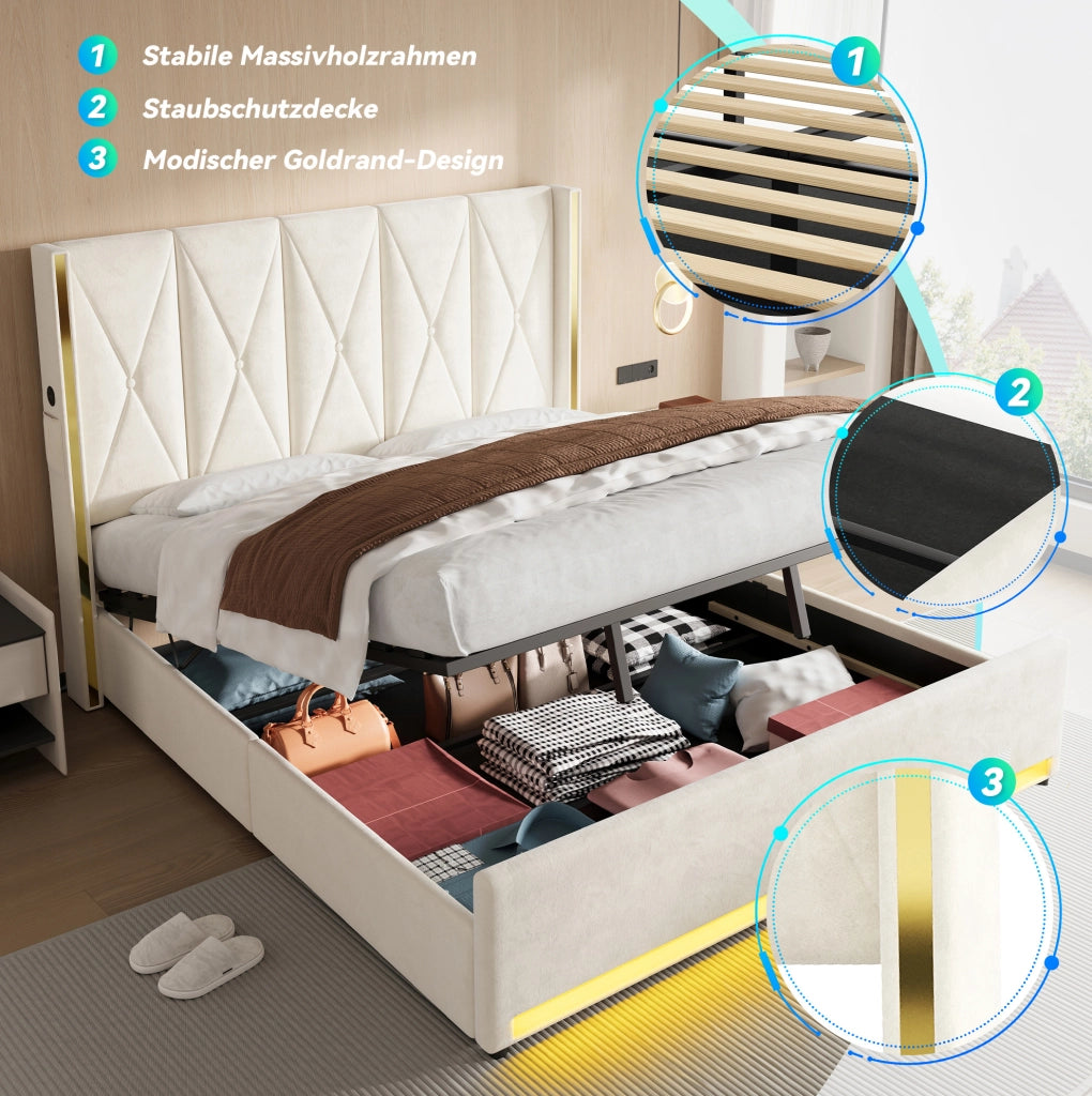 Letto matrimoniale 180x200 in velluto con LED, USB e vano contenitore
