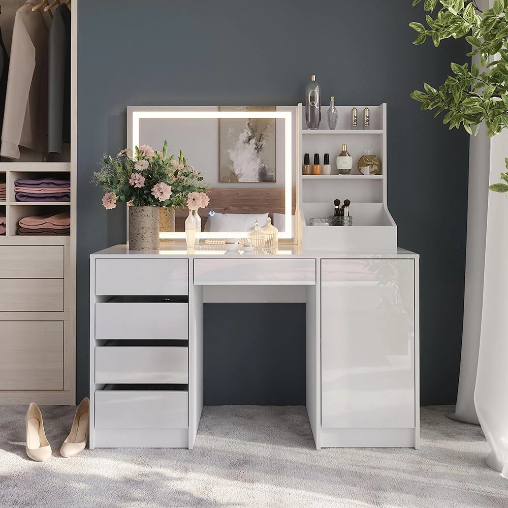 Tavolo da toeletta Sherry, Bianco/bianco lucido, 128.2 cm 4 parti