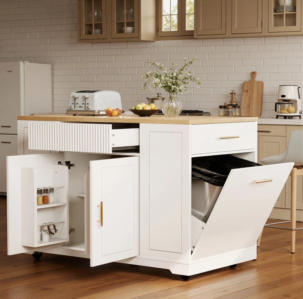 Isola da cucina mobile bianca 120x50x92 cm con cassetti, ante e vano rifiuti