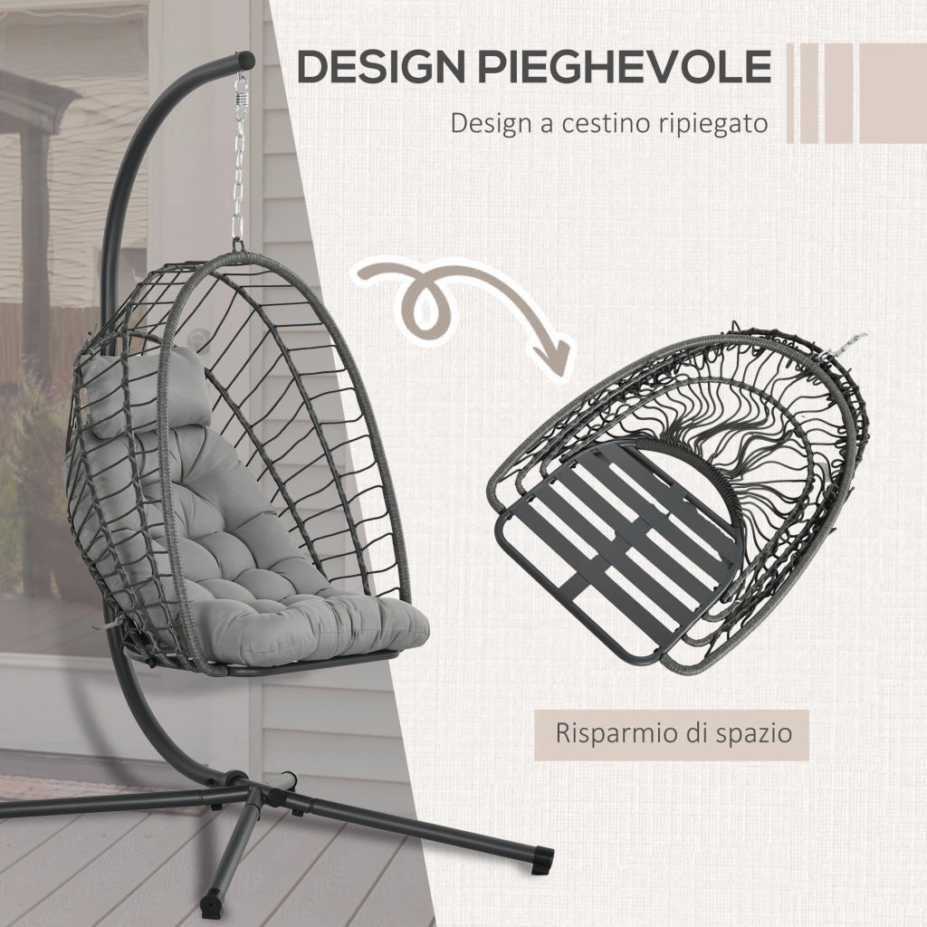 Dondolo Pensile da Giardino in Rattan PE con Cuscino Seduta Pieghevole e Struttura in Acciaio Grigio
