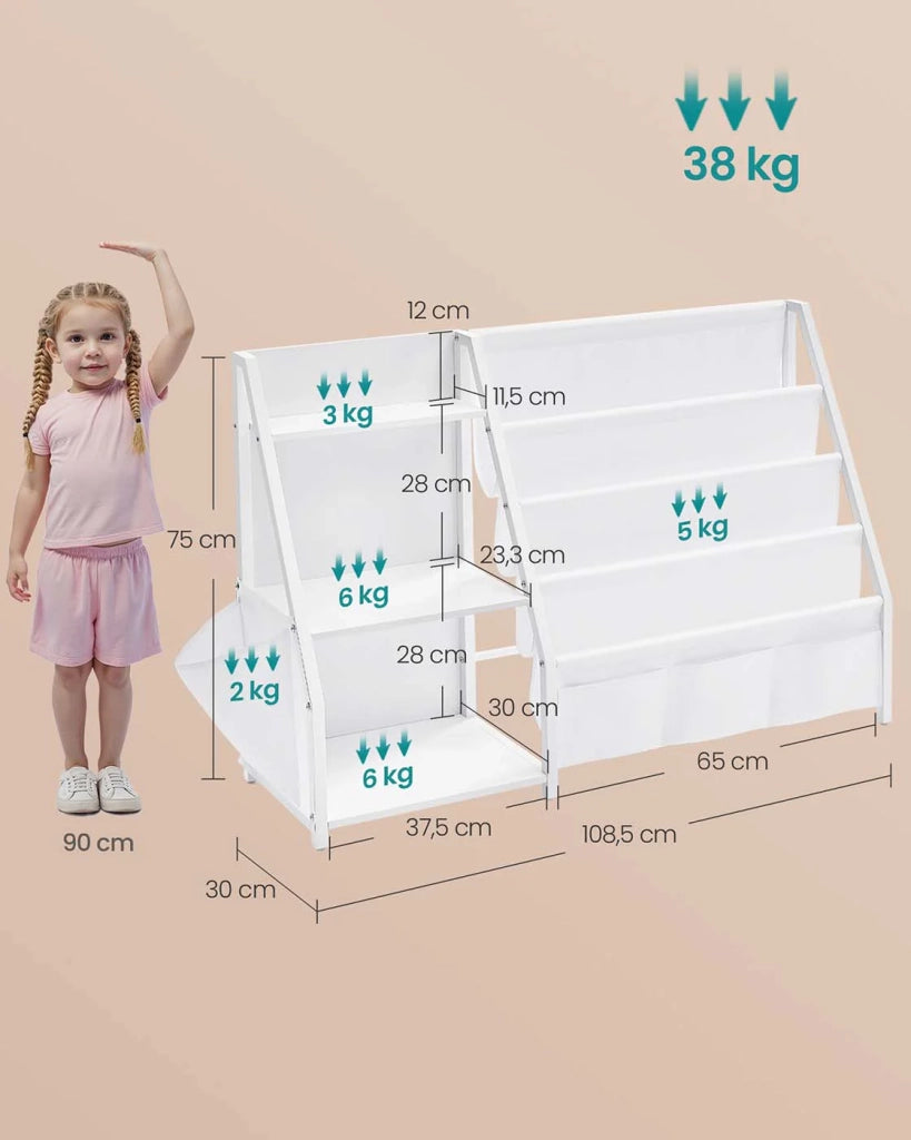 Libreria per bambini mobiletto porta giocattoli organizer per libri con tasca laterale 30 x 108,5 x 75 cm per cameretta o sala giochi bianco 12_0007992