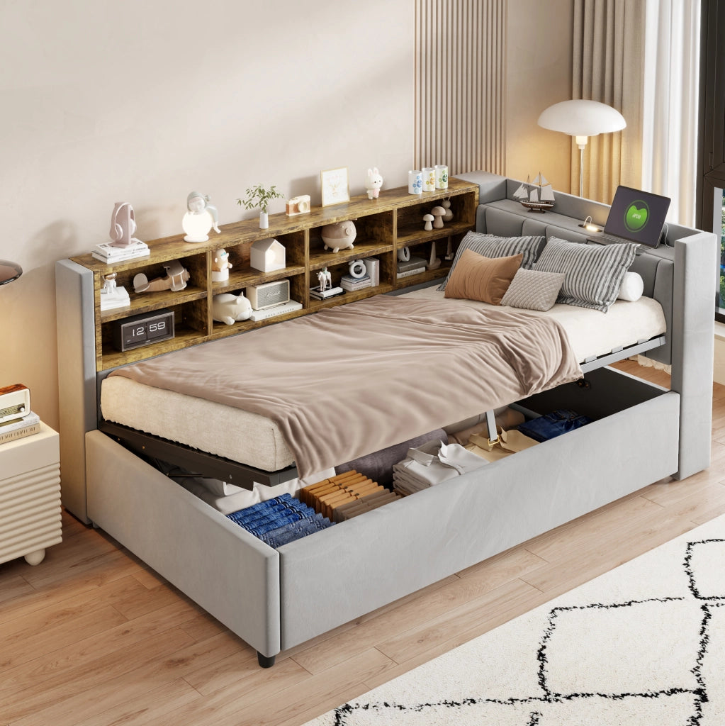 Letto imbottito 90x200 cm grigio chiaro velluto con contenitore idraulico