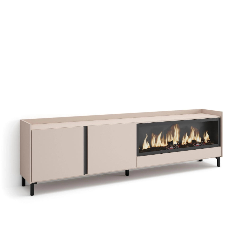 Mobile TV Soggiorno, 212x61x35 cm, Per TV fino a 80", Camino elettrico XXL, Design industriale, Beige