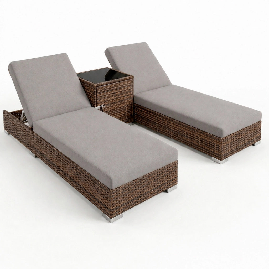 Set 2 Lettini Prendisole In Polyrattan Con Tavolino Contenitore E Cuscini Schienale Regolabile 5 Posizioni Sdraio Da Giardino Terrazzo Piscina Relax Arredo Esterno 184 x 60 x 21 Cm Marrone E Grigio