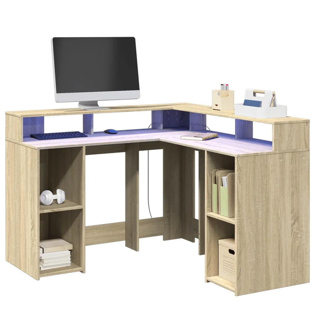 Scrivania | Tavolo da Ufficio con Luci LED Rovere Sonoma 130x130x91cm in Truciolato