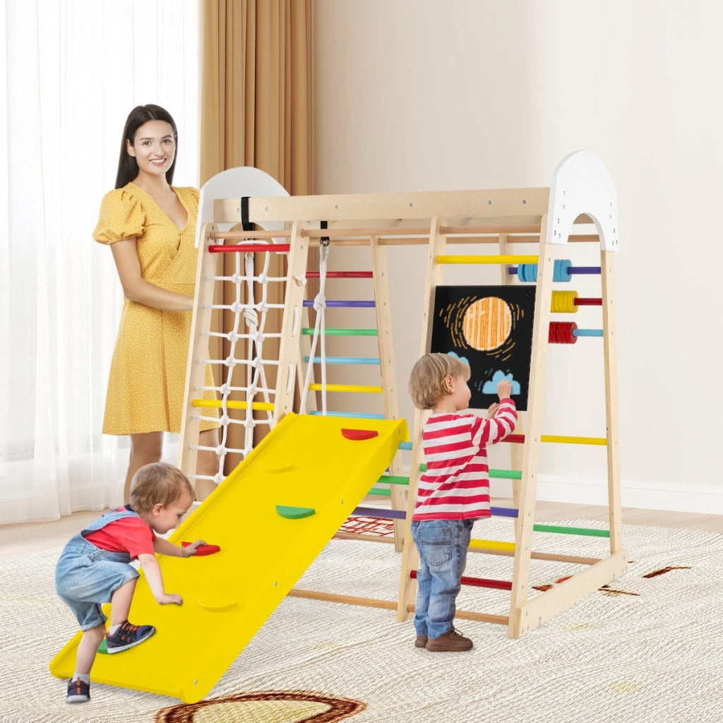 Set arrampicata 8 in 1 per bambini con abaco e altalena, Set arrampicata di legno con scivolo e scala Colorato