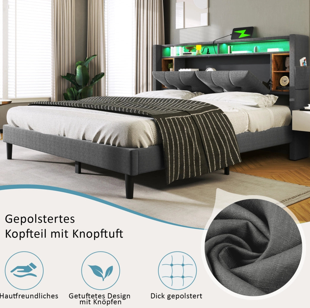 Letto imbottito con testiera contenitore; USB e LED; 160x200 cm; grigio
