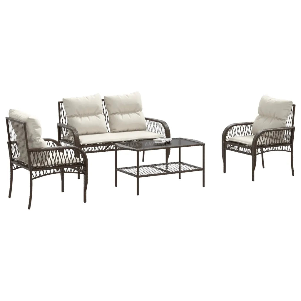 Set Divano da Giardino 4 pz | Set Salotto da Giardino con Cuscini Marrone in Polyrattan