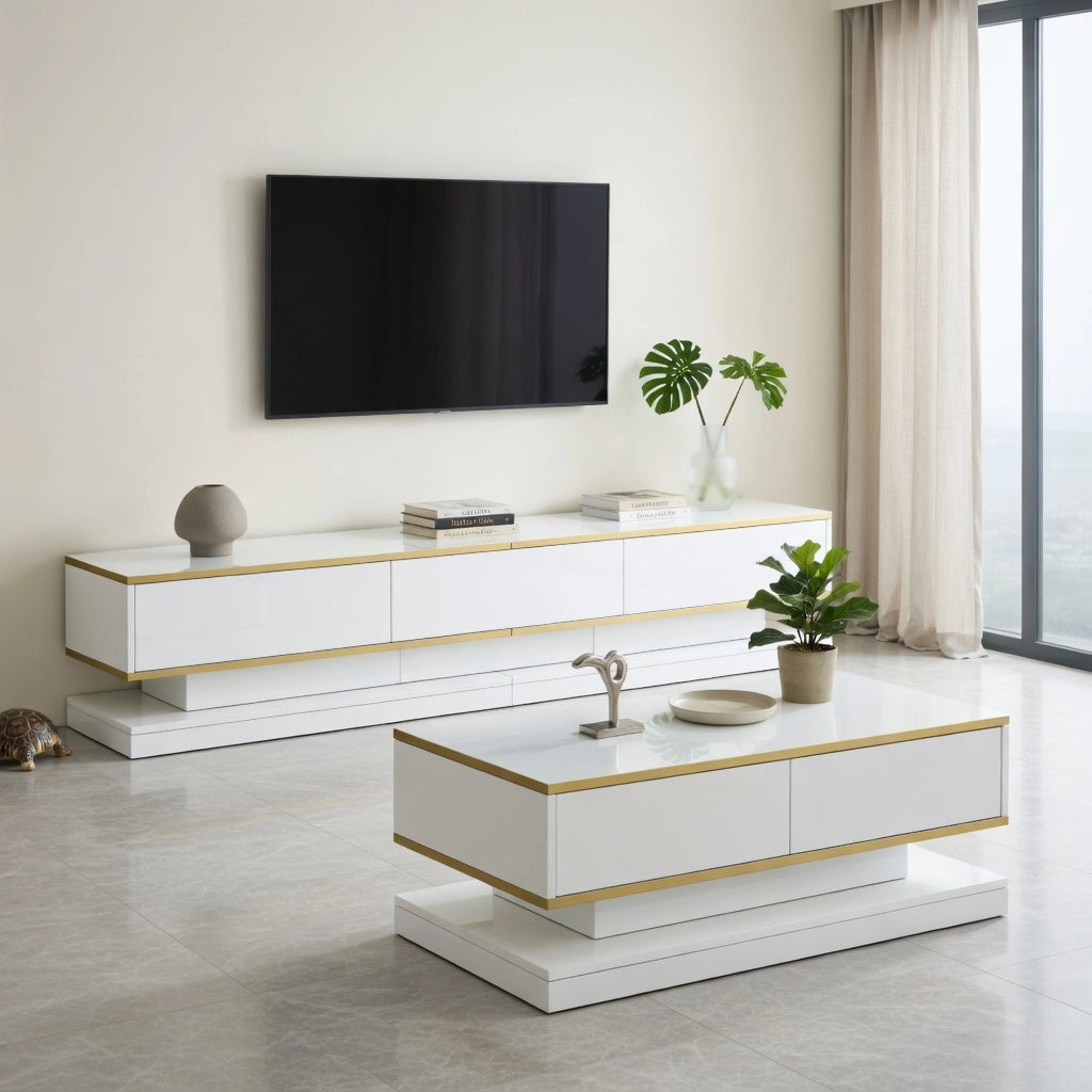 Cassettiera per TV bianca lucida in truciolare lunga 200 cm