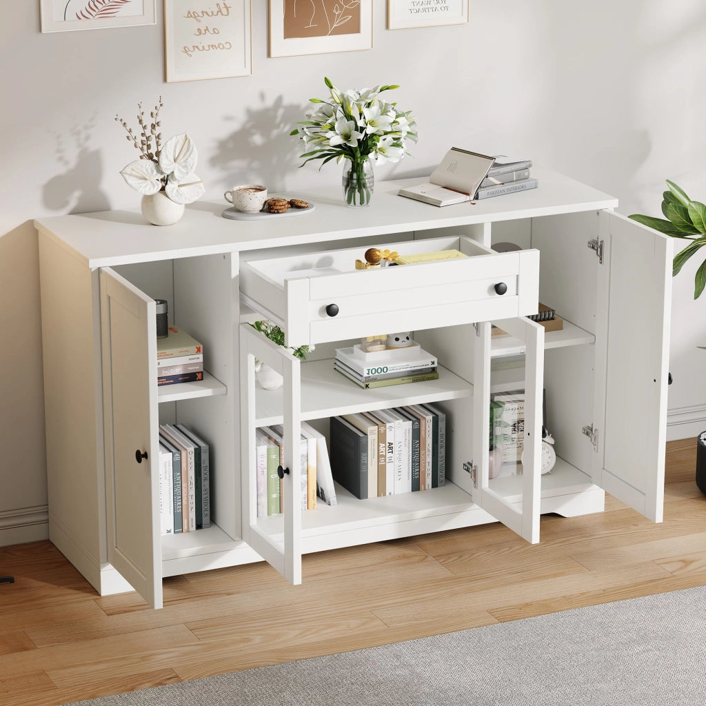 Credenza a quattro ante, mobile da ingresso, 2 ante in vetro, con cassetti, 138 x 40 x 83 cm, bianca