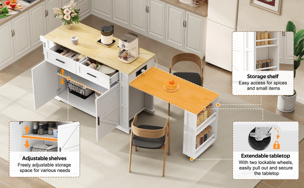 Isola da cucina mobile con piano estraibile, 2 cassetti, mobile con anta doppia, ripiano regolabile, presa integrata e 7 ruote