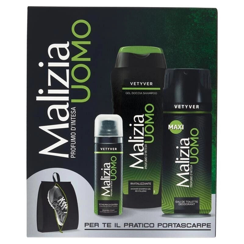 MALIZIA UOMO PROFUMO D'INTESA VETYVER SCHIUMA DA BARBA 50ML + DEODORANTE 175ML + DOCCIA SHAMPOO + PORTA SCARPE 250 ML