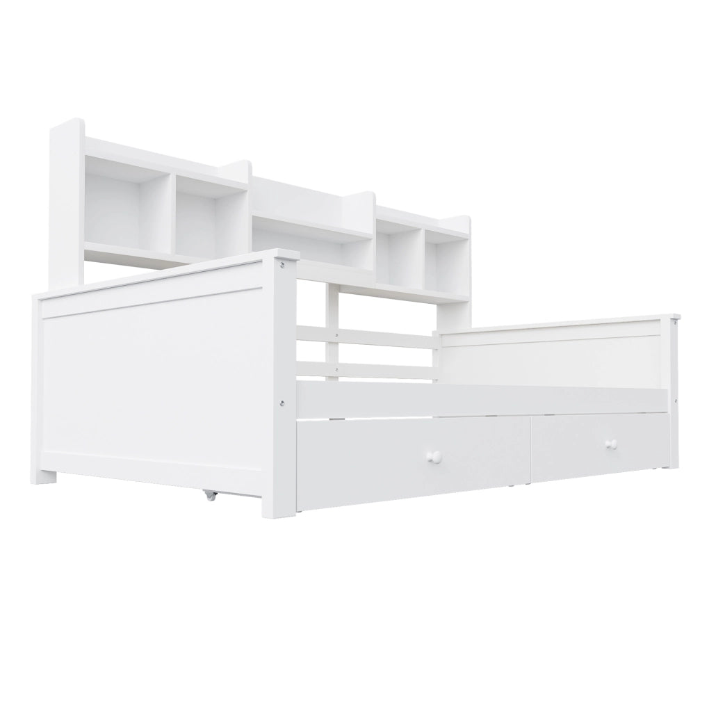 Letto singolo 90x200 cm con cassetti; ripiani laterali e rete a doghe; bianco