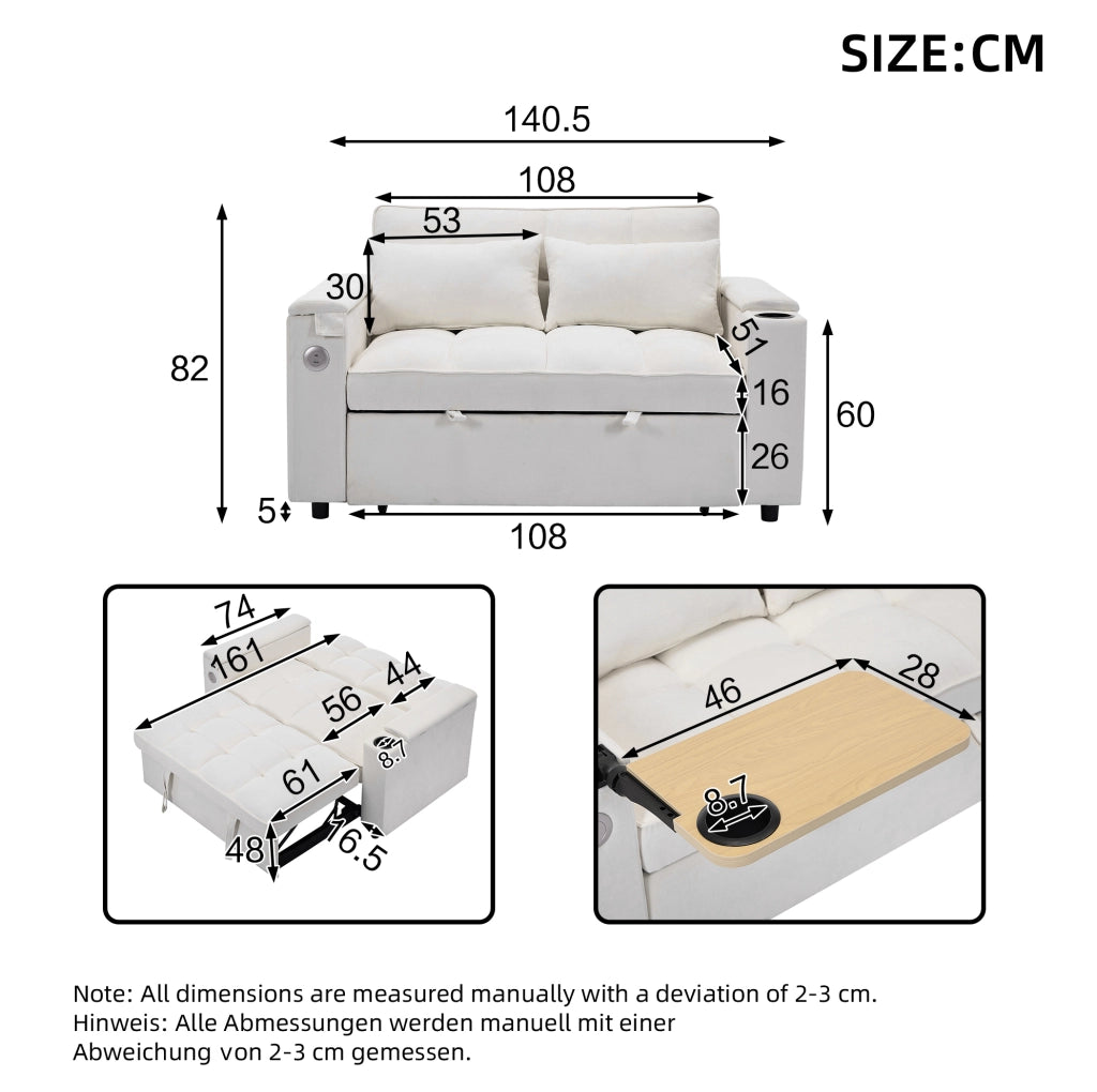 Divano letto pieghevole beige con USB, Type-C e tavolino