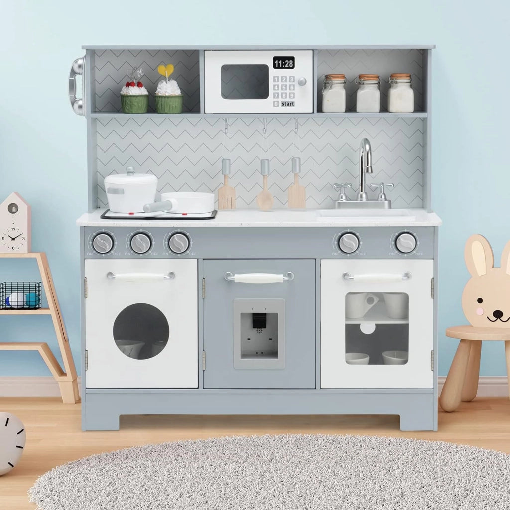 Cucina Giocattolo per Bambini, Cucina per Bambini in Legno con Forno, Microonde, Telefono, Distributore d'Acqua, Lavello e Rubinetto, con Luci e Suoni Realistici, per bambini 3+ Anni