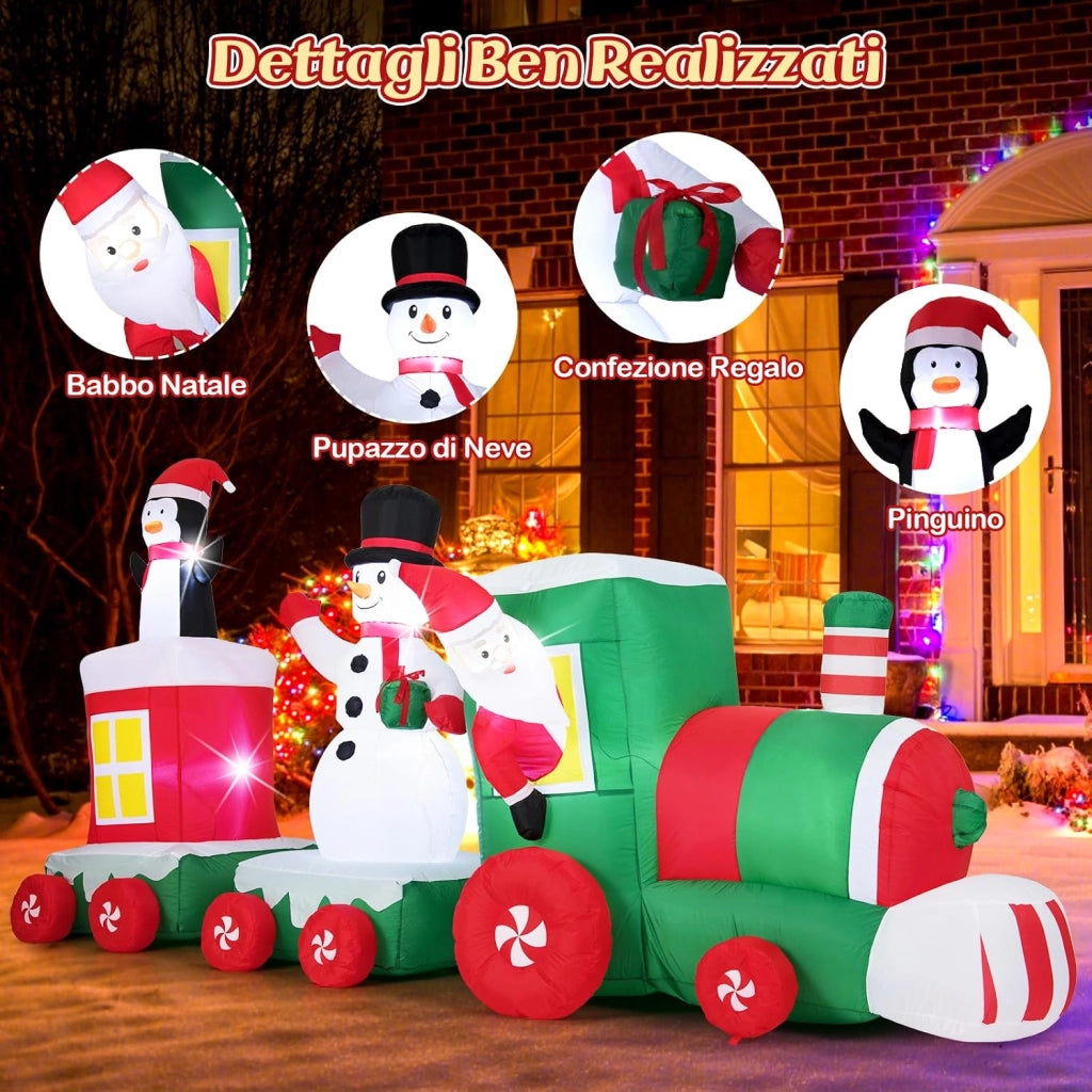 Treno di Natale Gonfiabile 350 cm con Pupazzo di Neve e Luci LED | Decorazione Natalizia da Esterno con Babbo Natale alla Guida, Pinguino e Scatola Regalo per Festa, Giardino e Cortile