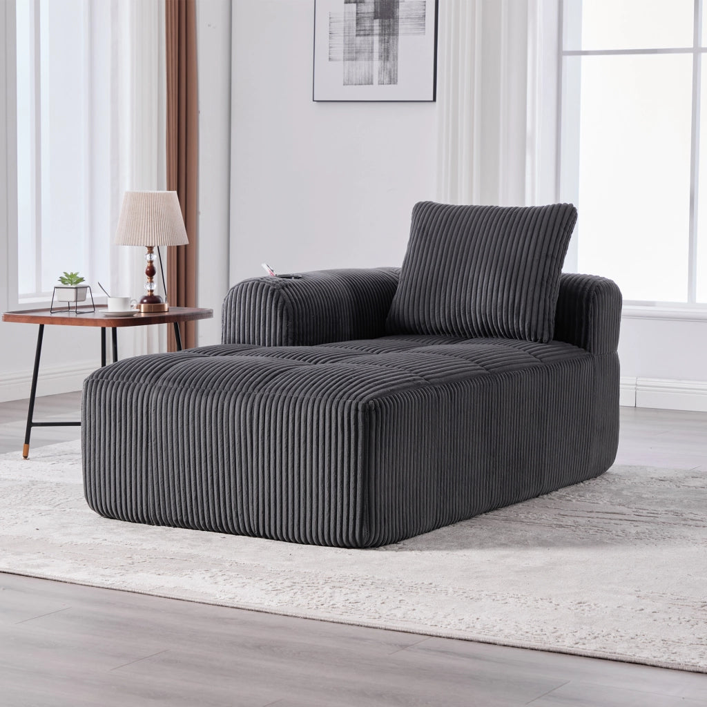 Poltrona relax con tasche laterali e portabicchieri, in tessuto a coste, Grigio scuro 158 × 93 × 61 cm