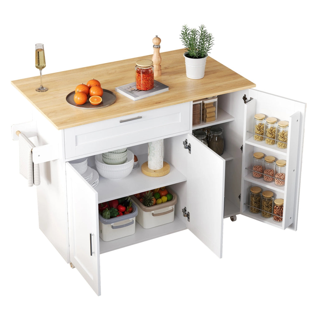 Carrello cucina con piano ribaltabile 132;5x44(70)x90 cm in MDF bianco naturale